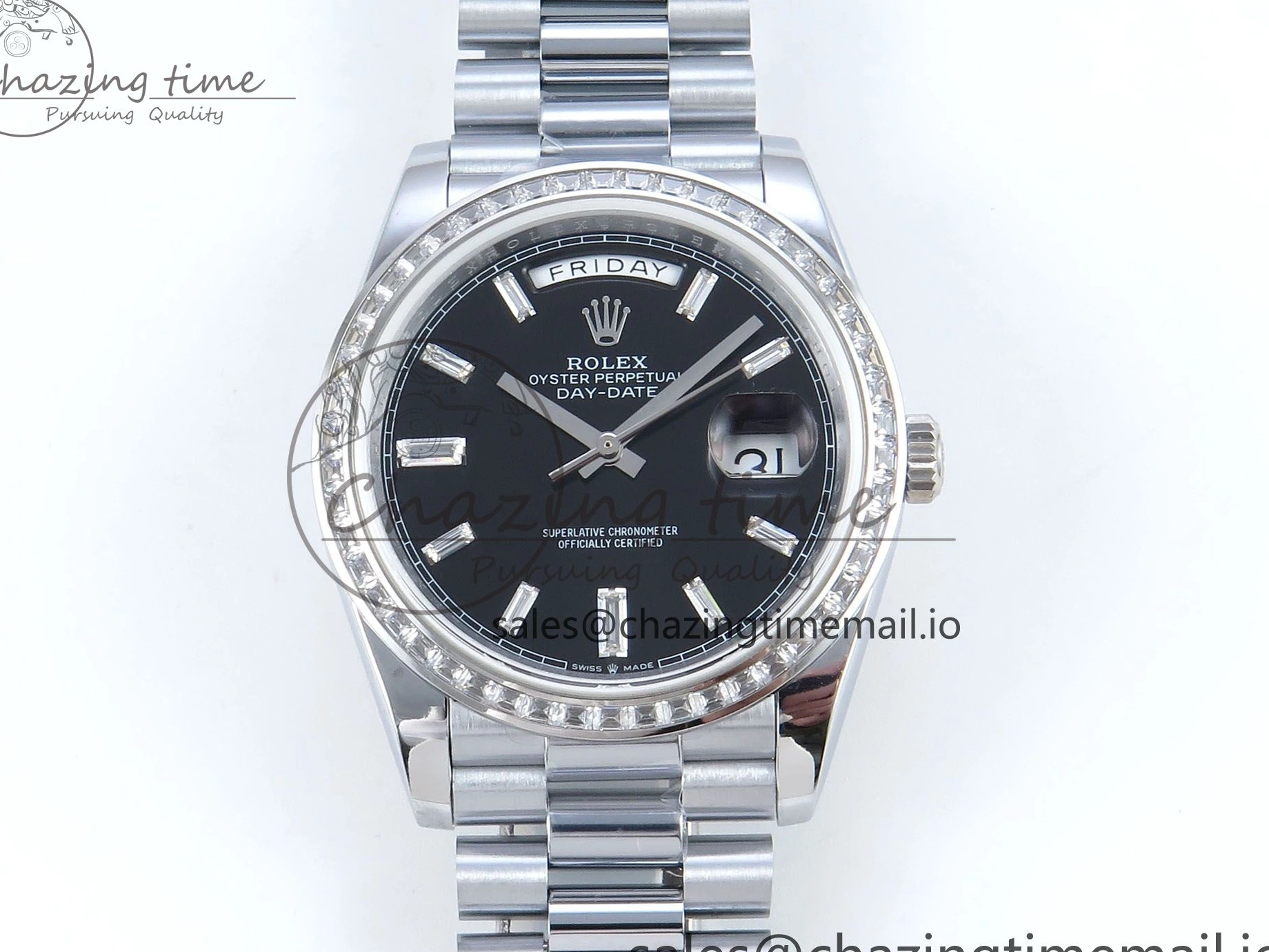 on QF 40 Edition Bracelet (Gain 1:1 DayDate Black V5 Best A2836 Crystal SS Bezel Dial Diamonds President Weight) 0315